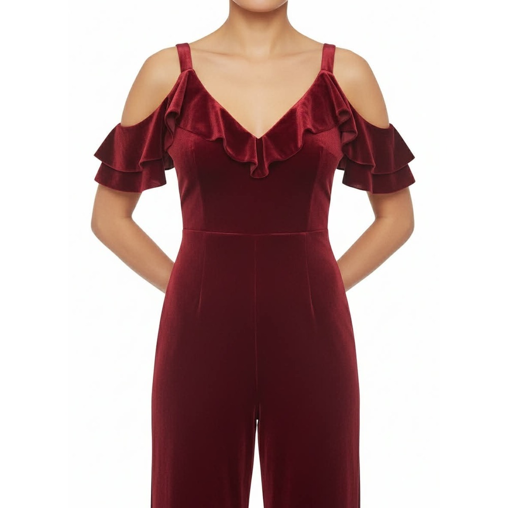 M Girls red burgundy velvet Wide Leg JUMPSUIT Mob wife Ruffle Women's Size Med